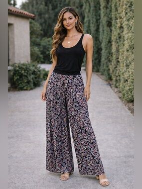 Staring at Stars Pants Black Paisley Print Wide Leg Palazzo Boho